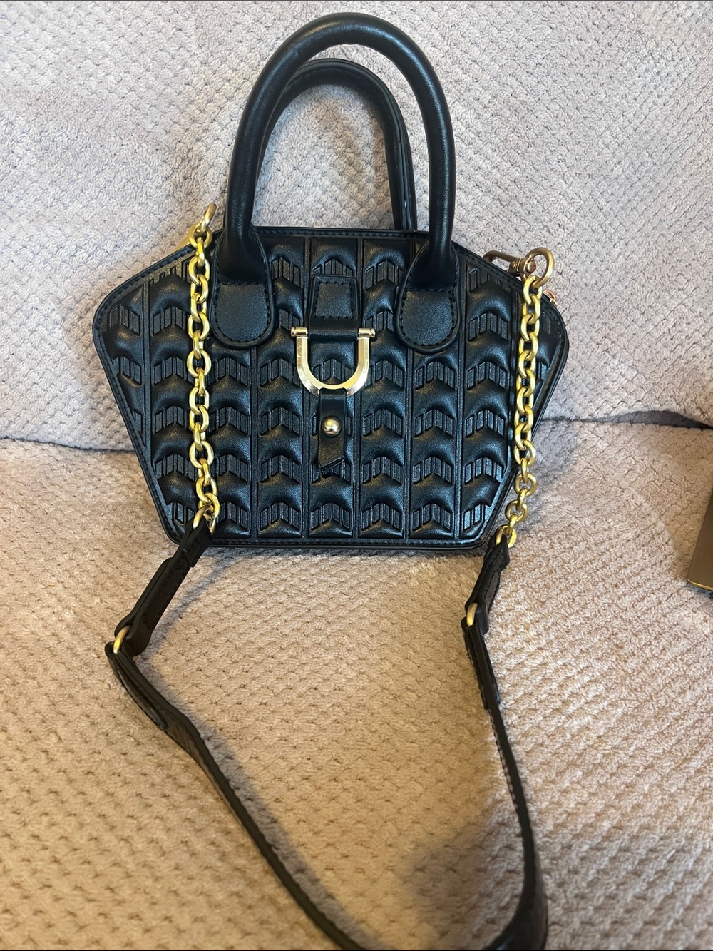Black Quilted Leather Shoulder Bag with Gold Chain Detail